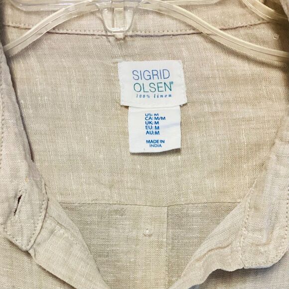 Sigrid Olsen Women's Linen Roll-tab Sleeve Button-up Shirt Top in Beige Medium - Picture 3 of 8